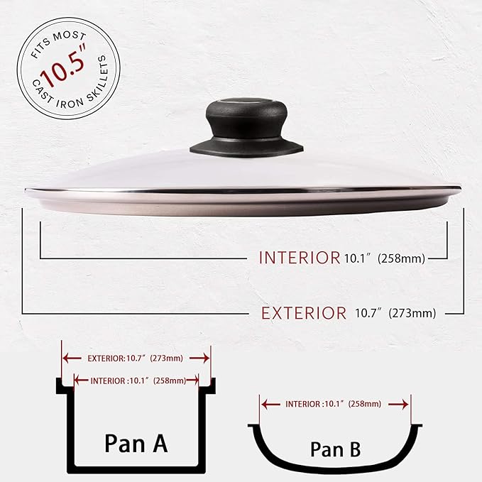 10.5 Inch Pan Lid, Frying Pan Lid, Fry Pan Lid, Skillet Lid, Pan Lid with Handle Compatible with 10-10.7 Inch Kitchen Cookware, Tempered Glass Cover, 10.5"