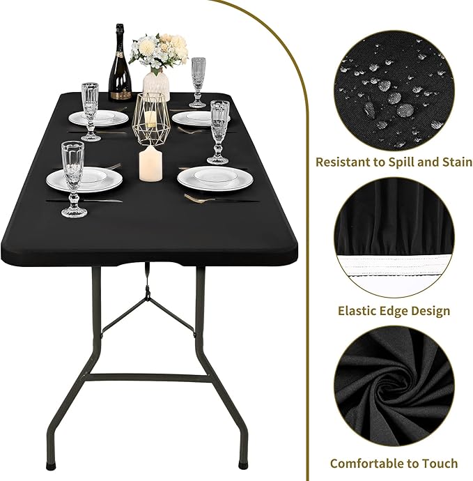 6 Pack Stretch Fabric Table Top Cap Cover, fits 5' Tables, Spandex Table Covers Washable Elastic Universal Rectangle Tablecloth Protector for Indoor Outdoor Party Picnic Wedding, Black, 30" W x 60" L