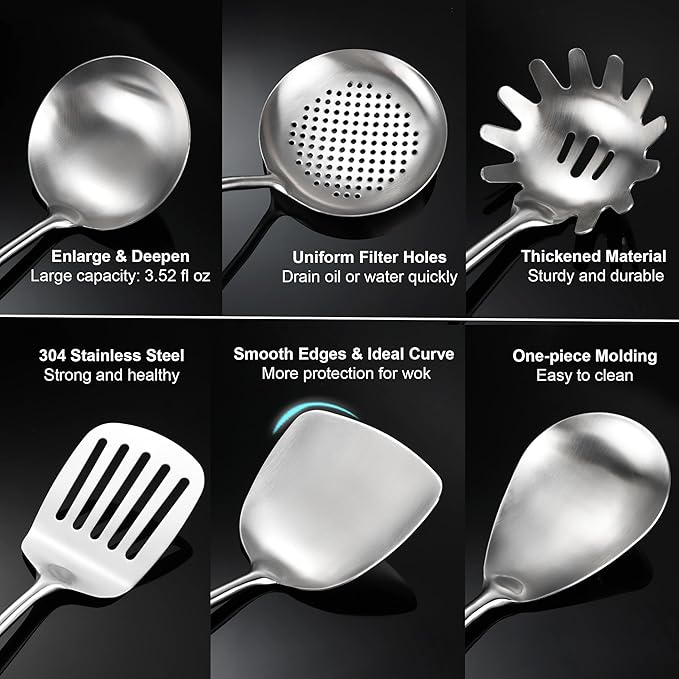 18/10 Stainless Steel Kitchen Utensils Set with Wooden Handle for Cooking 9 PCS with Solid and Slotted Spoon, Fork, Spatula, Ladle, Skimmer, Slotted Tunner, Spaghetti and Large Spoon