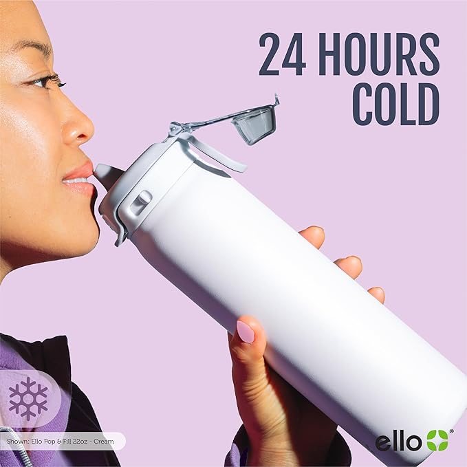 Ello Pop & Fill 22oz Stainless Steel Water Bottle with Quick Fill Technology, Double Walled and Vacuum Insulated Metal, Leak Proof Locking Lid, Sip and Chug, Reusable, BPA Free, Forest Mist