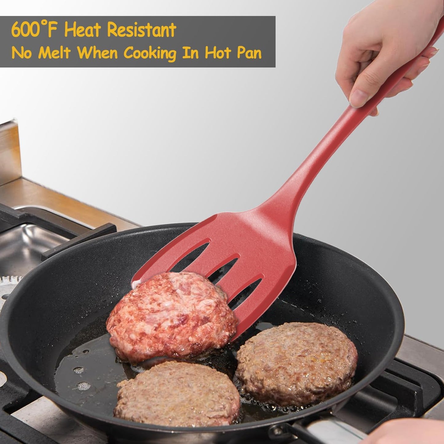 Silicone Spatula Set, 600°F Heat Resistant Silicone Spatula Turner Flipper for Cooking, Non Stick and Non Scratch Kitchen Utensils for Eggs & Pancakes, 4 Pack, Red