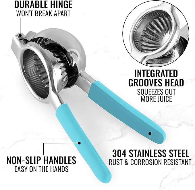 Zulay Kitchen Lemon Squeezer Stainless Steel with Premium Heavy Duty Solid Metal Squeezer Bowl and Food Grade Silicone Handles - Large Manual Citrus Press Juicer and Lime Squeezer (Blue)