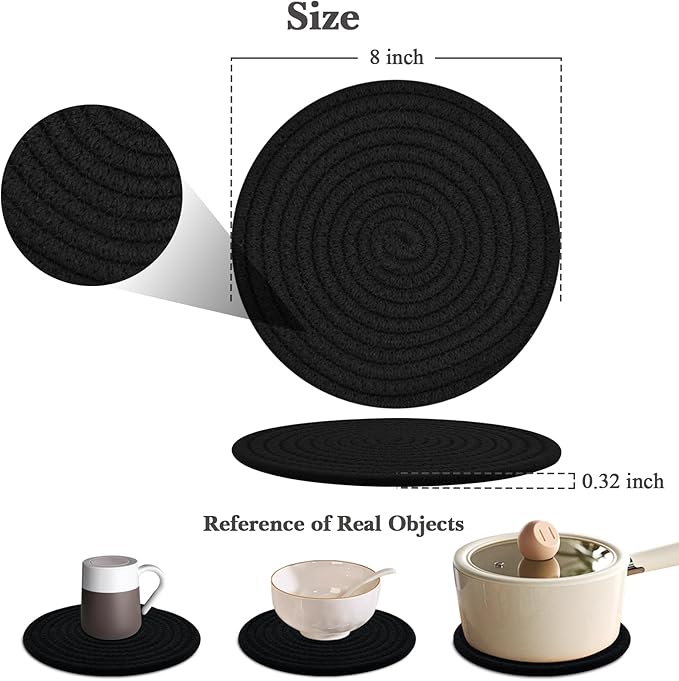 Trivets for Hot Dishes, 4 Pot Holders for Kitchen, Heat Resistant Mats for Countertop, 8 Inch Hot Pads for Hot Pots and Pans, Coaster, Home Essentials, Rustic Farmhouse Decor (Black)