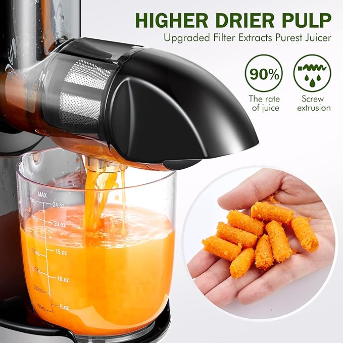 AMZCHEF Cold Press Masticating Juicer Machine - 90% Yield Reverse System, Quiet Motor for Home & Breakfast, 3-Step Clean with Brush, Includes 50+ Juice Recipes, Silver Grey