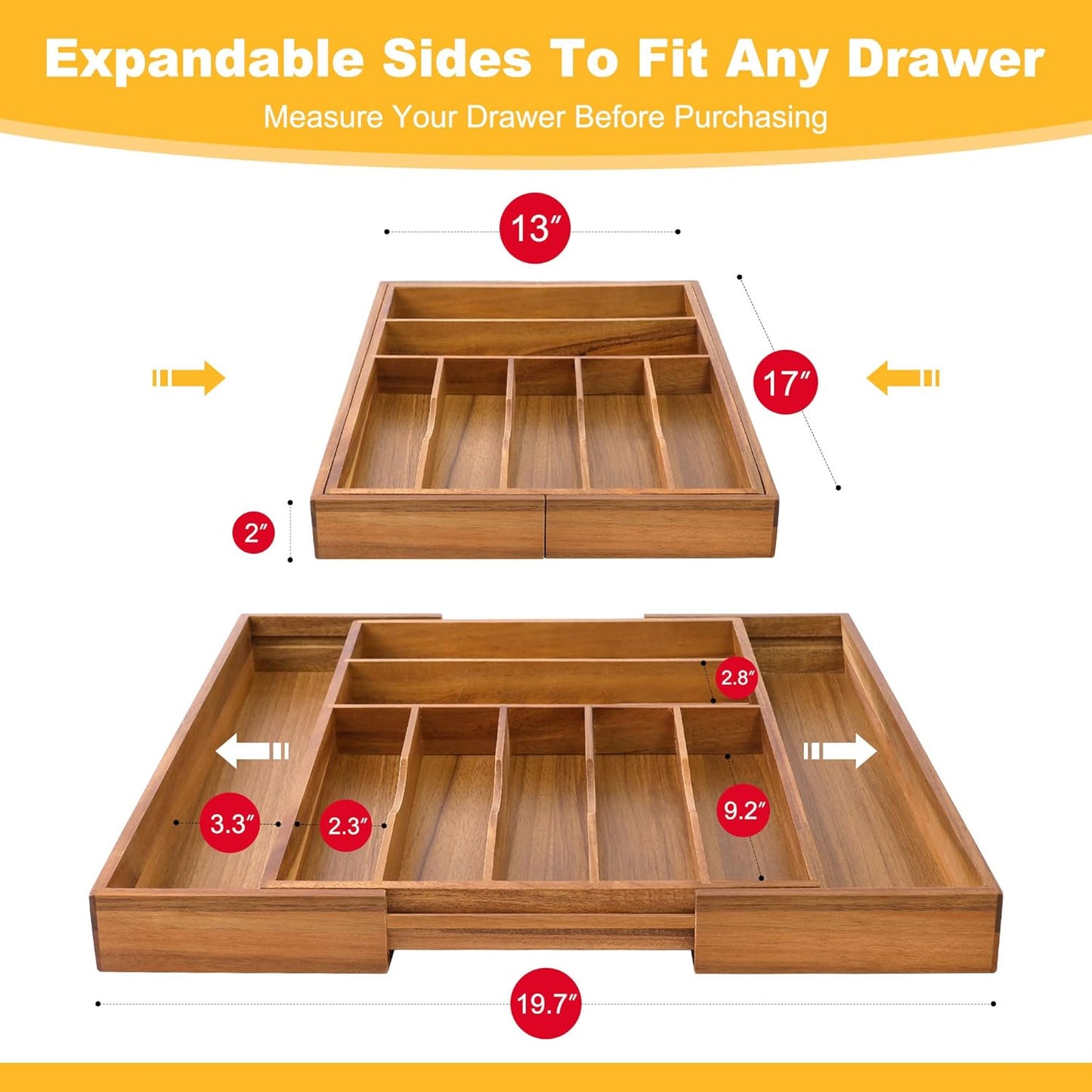 Large Premium Acacia Silverware Organizer - Expandable Drawer Organizer & Utensil Organizer - 17"x19.7" Cutlery Tray with Dividers for Kitchen Utensils and Flatware (7-9 Slots) Acacia