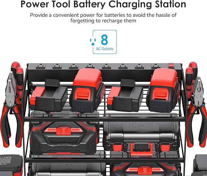 CCCEI Garage Tools Storage with Charging Station. Power Tool Battery Organizer Utility Shelf with Power Strip. 4 Drills Holder Wall Mount Rack, Black 3 Layer.