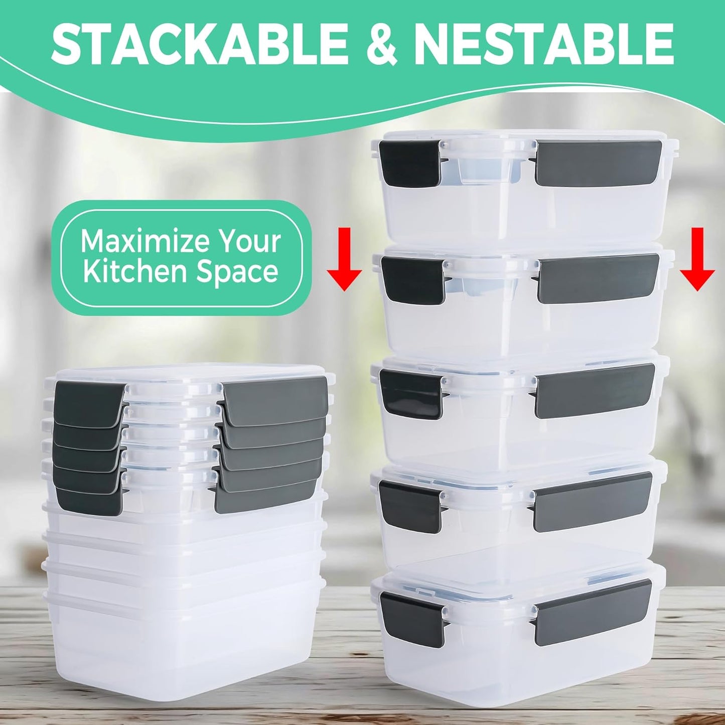 YORY 7 cup Plastic Food Storage Containers with Lids Nestable Freezer Dishwasher Safe Rectangle Meal Prep Container Set,5-Pack