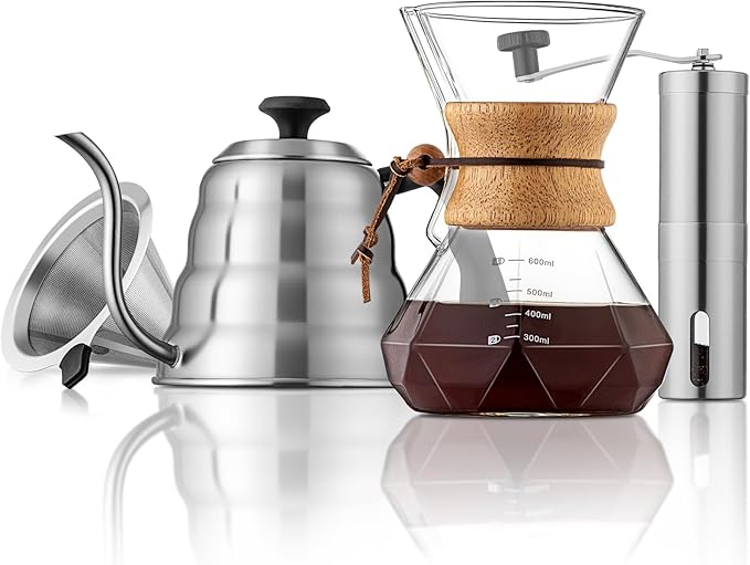 Pour Over Coffee Maker Set – 40oz Gooseneck Kettle with Thermometer, Coffee Grinder & 20oz Drip Coffee Maker – Stainless Steel Pour Over Coffee Set