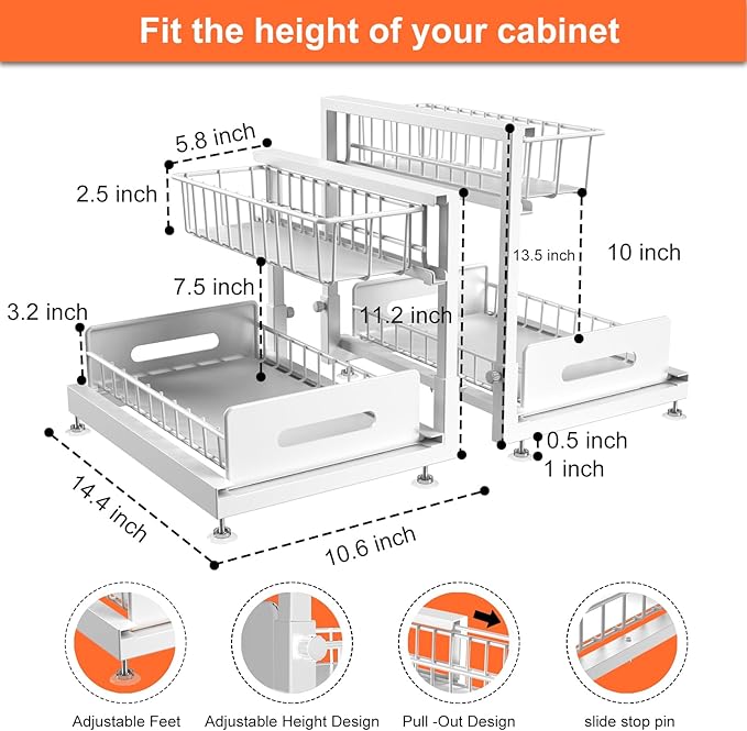 2 Pack Under Sink Organizer, Pull Out Cabinet Organizer 2 Tier Slide Out Sink Basket Drawer Sink Shelf Cabinet Storage Shelves ,Adjustable L Shape Counter Organization for Kitchen Bathroom , White
