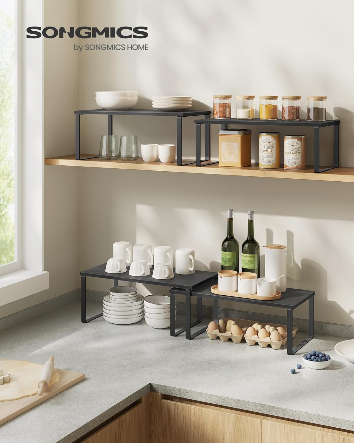SONGMICS Cabinet Organizer Shelf, Set of 2 Kitchen Counter Shelves, Kitchen Storage, Spice Rack, Stackable, Expandable, Metal and Engineered Wood, Ink Black and Charcoal Black UKCS025B01