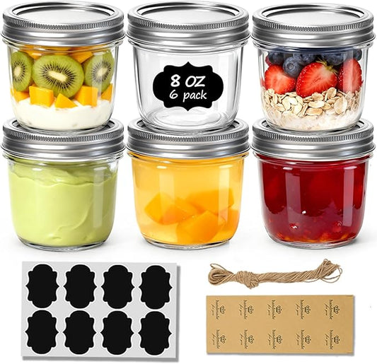 ComSaf Wide Mouth Mason Jars with Lids 8 oz 6Pcs, Half Pint Small Mason Containers, Canning Jars for Jam, Jelly, Meal Prep, Overnight Oats, Yogurt Parfait, Shower Wedding Favors, DIY Candles Decor
