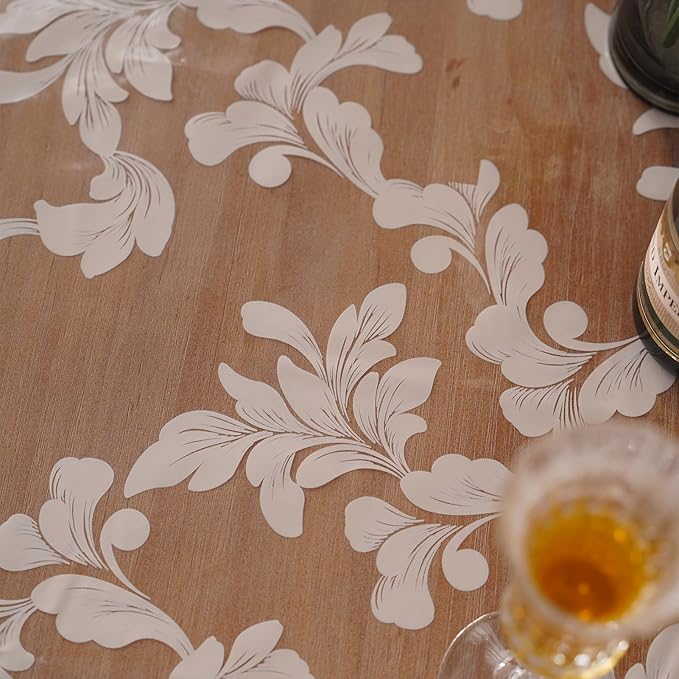 Vinyl Table Cloth Rectangle Clear Table Cover Protector with Block Printed Pattern Oil Spill Proof Farmhouse Rustic Plastic Table Covers for Dining Tables (Scroll Grass, 52 x 70 Inches)
