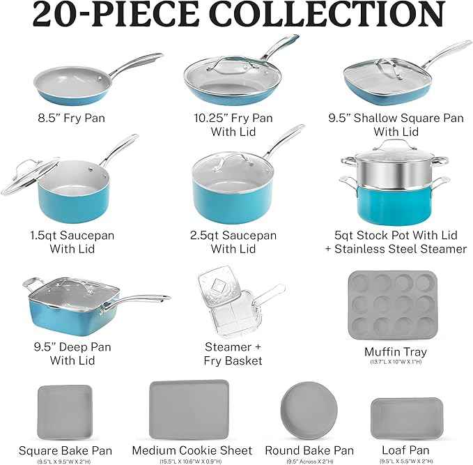 Gotham Steel 20 Piece Pots and Pans Set Nonstick Cookware Set, Pot and Pan Set, Kitchen Cookware Sets, Ceramic Cookware Set, Ceramic Pots and Pans Set, Pot Set, Dishwasher Safe, Aqua Blue