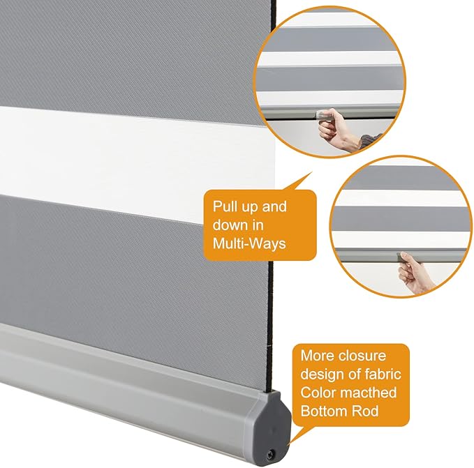 Persilux Cordless Zebra Blinds for Windows Free-Stop Roller Windows Shades (31" W X 47" H, Grey) Dual Layer Light Control for Day and Night, Light Filtering Sheer Shades for Home, Bedroom