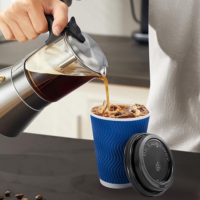 100 Pack Coffee Cups with Lids 16 oz, Disposable Insulated Ripple Wall To Go Paper Coffee Cups for Hot/Cold Drinks Office Home Shop Event (Navy)