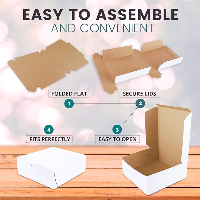 Fit Meal Prep 25 Pack White Bakery Boxes, 6 x 6 x 3 Inches Kraft Lining Pastry Boxes, Cardboard Treat Boxes Pie Boxes Cookie Boxes Dessert Boxes for Cupcakes, Chocolates, Donuts, Macarons