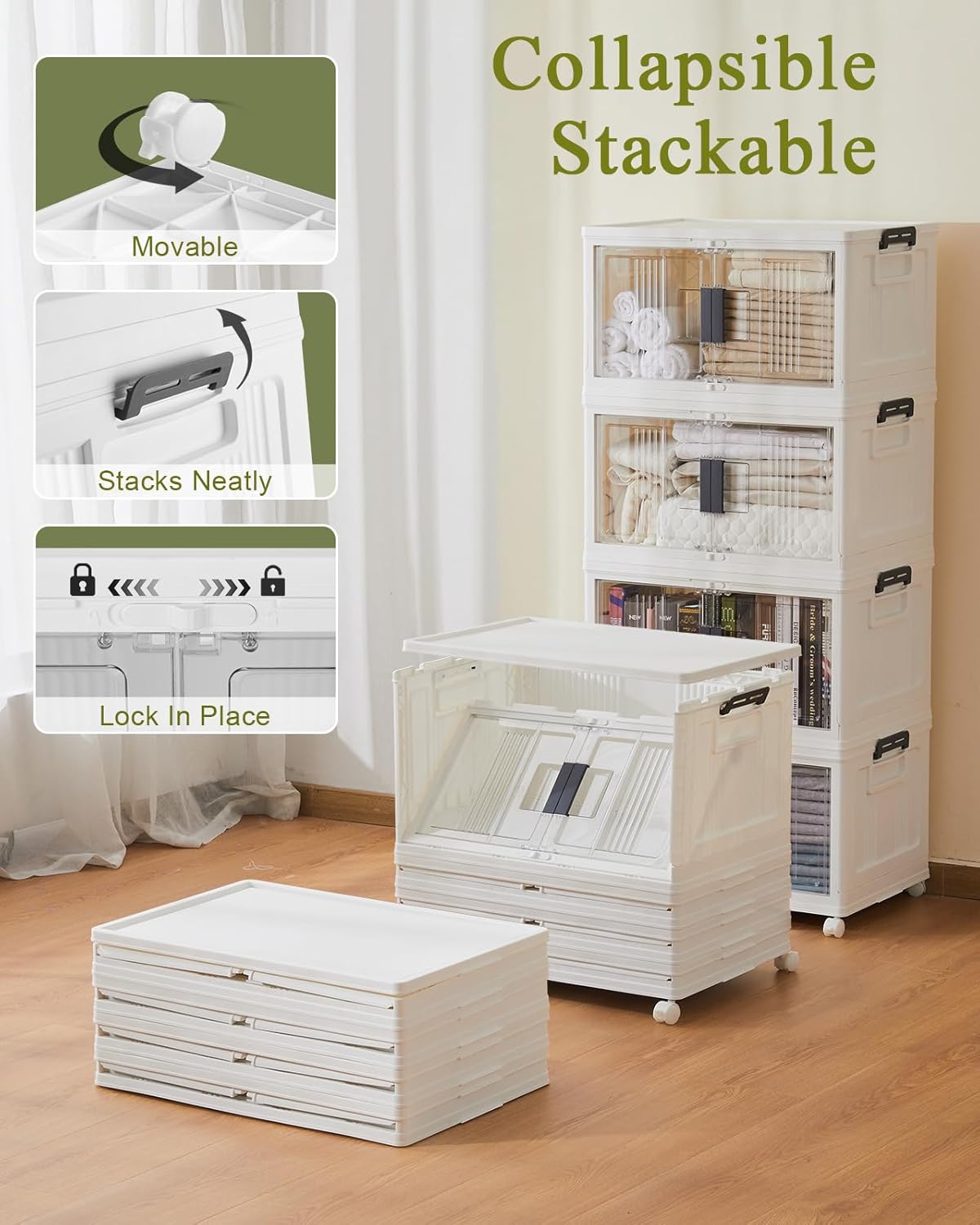 OlarHike 48QT Lockable Storage Bins with Lids - Folding Storage box with Doors and Wheels, Collapsible Plastic Storage Bins for Closets, Stackable Storage Organizer, Storage Containers, 4 Pack Cubes