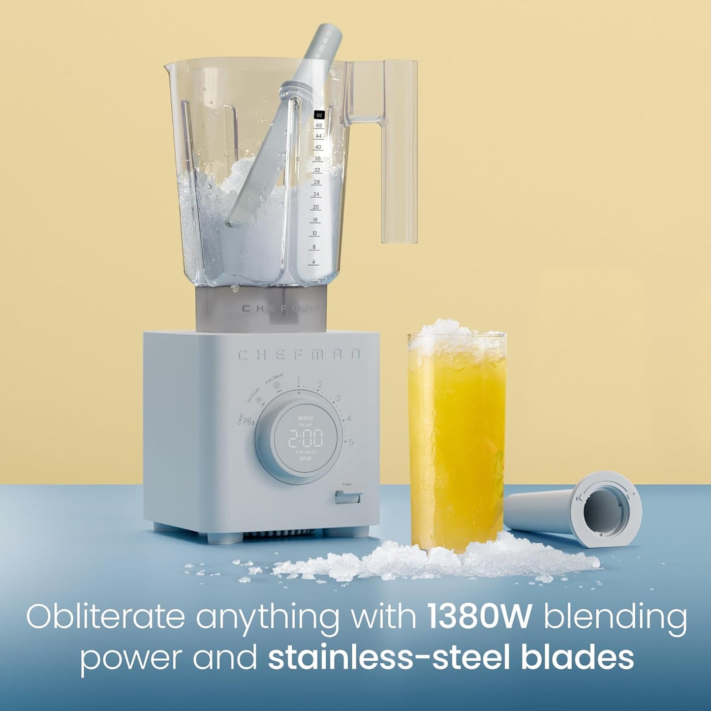 Chefman Obliterator 48 oz Countertop Blender for Smoothies, 1380W Motor to Crush Ice, Nuts, and Frozen Fruit with Stainless Steel Blade, Auto Blend Function, Includes Tamper and Scraper - Concrete