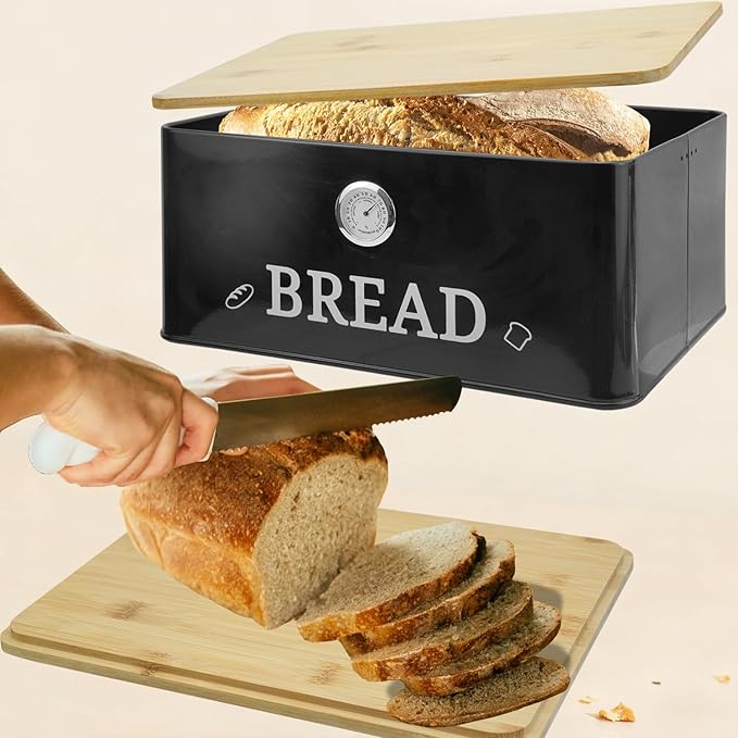 Black Bread Box for Kitchen Countertop with Bamboo lid, Hygrometer Kitchen Organizer for Sourdough, Buns, and Loaves, Bread Storage Container