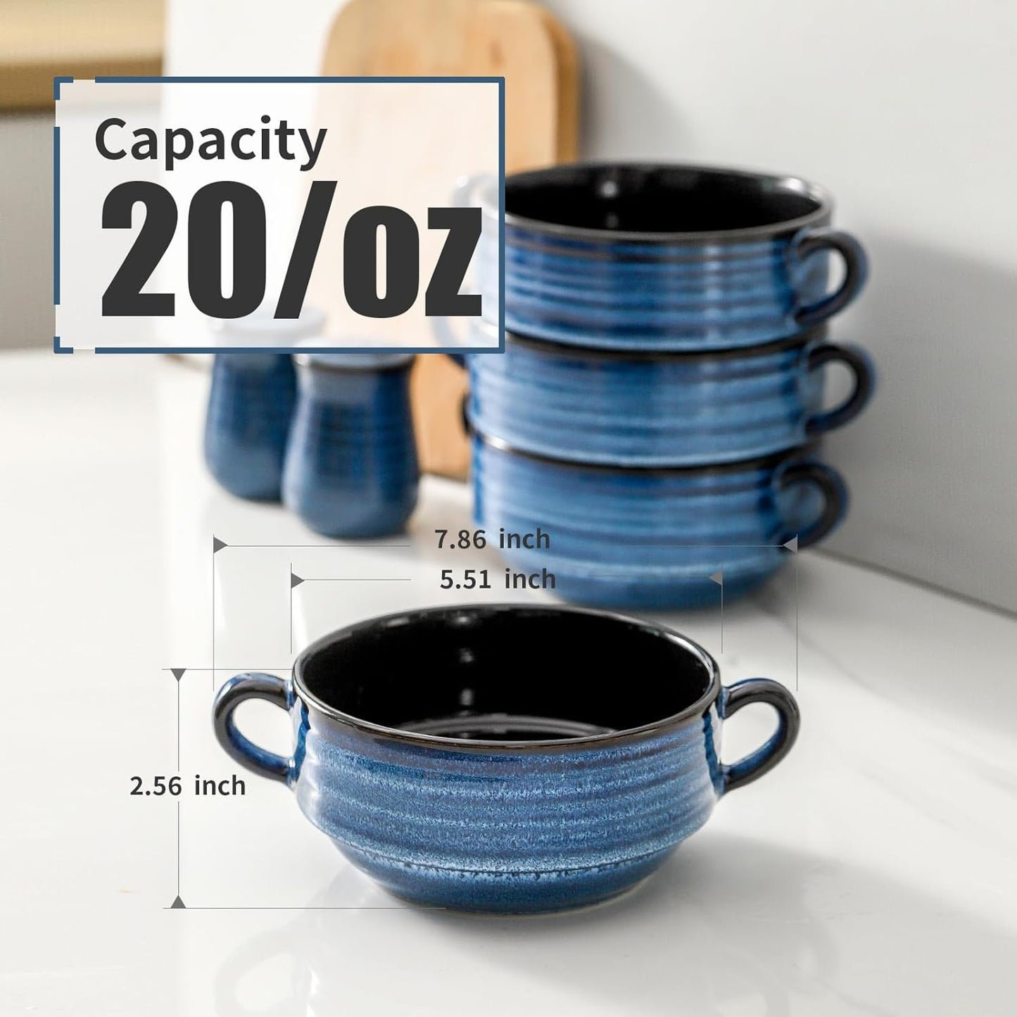 Hasense Soup Bowls, 20 oz French Onion Soup Bowls with Handle Set of 6, Serving Soup Crock for Stew, Pasta, Chili, Stackable Oven Safe Bowls, Microwave Dishwasher Safe, Blue
