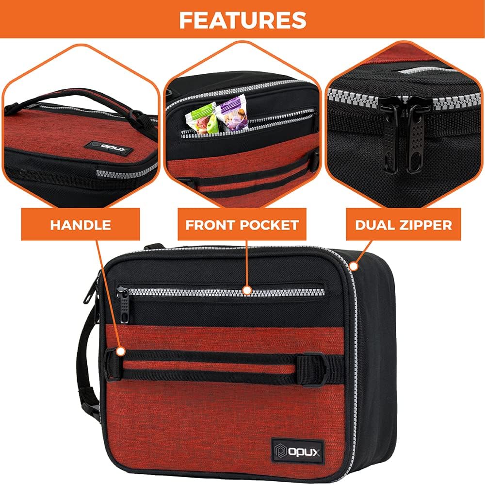 opux Insulated Lunch Box for Men Women Adult, Compact Lunch Bag for Kids Boy Girl Teen, Soft Lunch Cooler Bag for Work School, Leakproof Lunchbox Lunch Pail with Clip-on Buckle, Heather Red