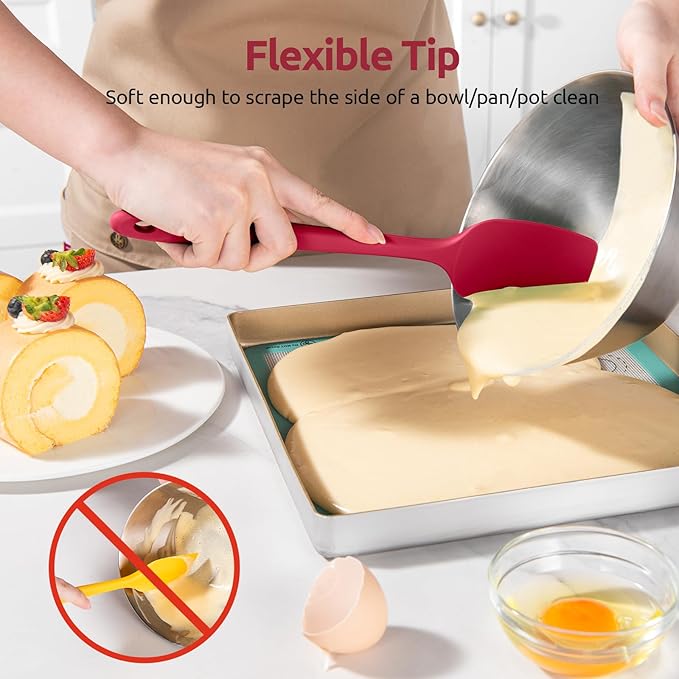 U-Taste Silicone Spatula Set: 600ºF High Heat Resistant, Seamless Food Grade Flexible Rubber Kitchen Cooking Mixing Baking Scraper for Nonstick Cookware Set of 3 (Red)
