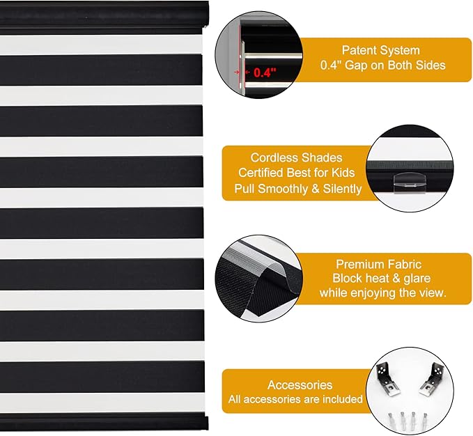 Persilux Cordless Zebra Blinds for Windows Roller Windows Shades (72" W X 72" H,Black) Dual Layer Light Control Light Filtering Sheer Shades for Home