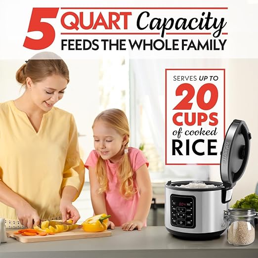 Gourmia Rice Cooker – 5 Qt Capacity, 20 Cup Cooked, 10 Cup Uncooked, Digital Controls, 6 Cooking Presets, Grain Cooker & Steamer, Nonstick Pot, Steam Tray, Delay Timer, Keep Warm, Stainless Steel