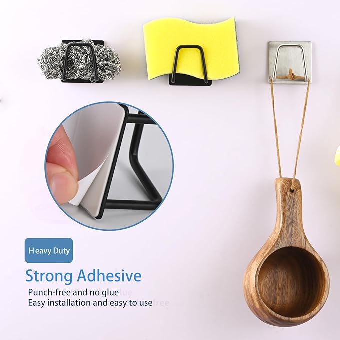 Adhesive Sponge Holder for Kitchen Sink, SUS304 Stainless Steel Scrubber Hanger Caddy Accessories Storage Rack Stand for Scratch Scrub Dishcloth Dishrag Exfoliator Strainer Stopper