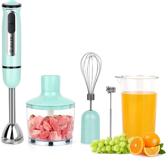 Immersion Hand Blender, ISILER 5-in-1 500-Watt Multi-Purpose Stick Blender with 860ml Food Chopper, 600ml Container, Milk Frother, Egg Whisk, 8-Speed for Puree Infant Food Smoothies Soups