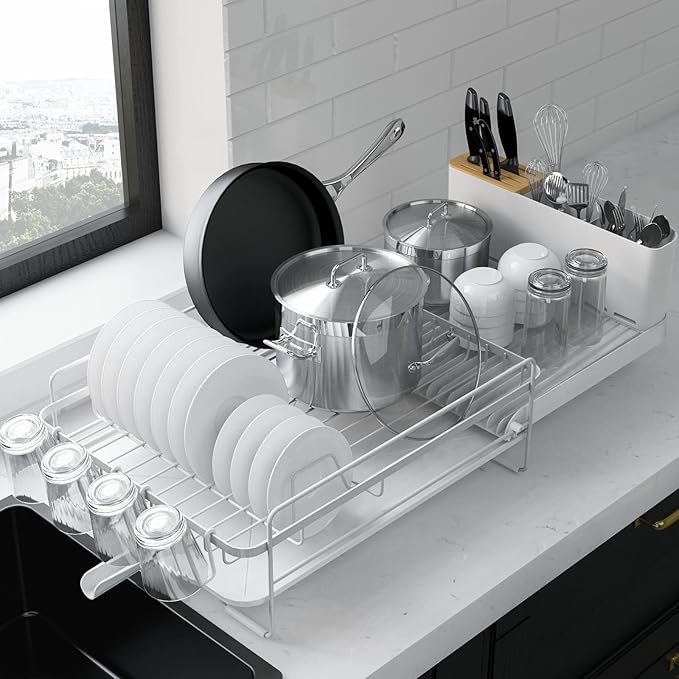 Kitsure Large Dish Drying Rack - Extendable Dish Rack, Multifunctional Dish Rack for Kitchen Counter, Anti-Rust Dish Drainers with Cutlery & Cup Holders 19.2"-26.7" L x 12.9" W, White