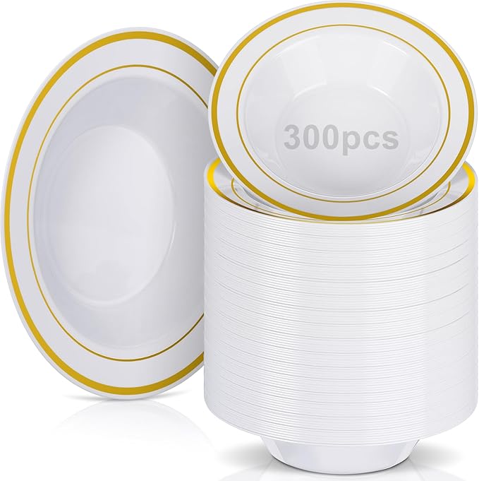 Jinei 300 Pieces Plastic Bowls with Gold Rim 6 oz Disposable Small Salad Plastic Candy Bowls for Dessert Salad Soup Wedding Catering Holidays Party Supplies