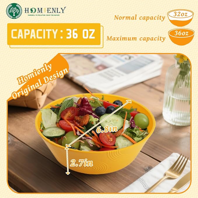 Wheat Straw Bowl Sets of 6 - 36oz Cereal Bowls with Textured Design,Large Soup Bowl - Microwave and Dishwasher Safe, Ramen Bowl Set, Alternative to Plastic Bowls for Serving Soup,Ramen,Salad - Multi
