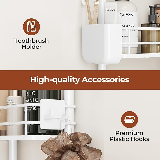 Orimade Rustproof 3 Tier Floor Standing Corner Shower Caddy Organizer with Toothbrush Holder, Large Spacing Floor Shower Shelf Rack Storage Stands with Hooks for Bathroom Kitchen, White