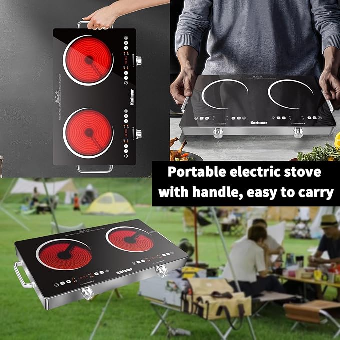 Karinear 2 Burner Electric Cooktop 110V, Portable Electric Stove with Handle, Knob Control Electri Hot Plate, Ceramic Countertop Burner, Timer, Safety Lock, 9 Power Level, 2000W, 24 inch(White)