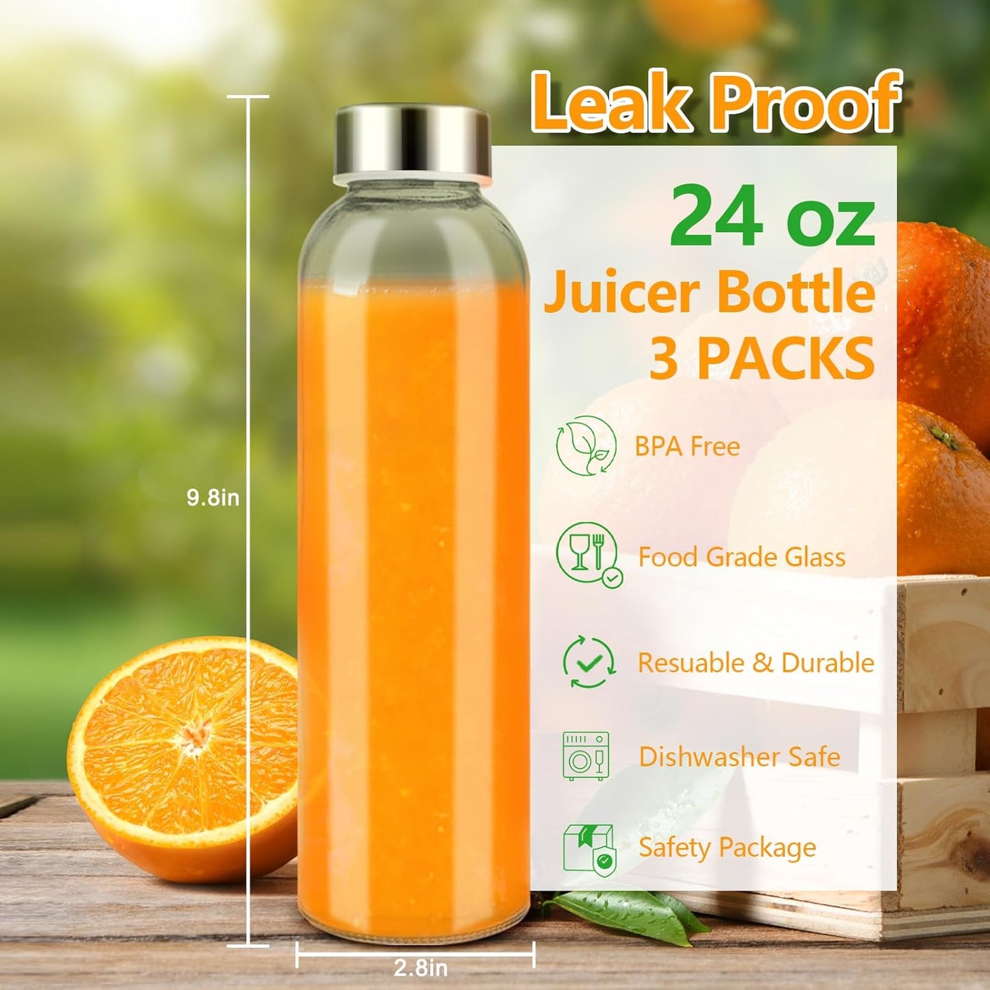 Zukro Glass Water Bottles with Lids 24 oz, 3 Pack Reusable Juice Bottles With Stainless Steel Airtight Cap for Juicing, Leak Proof Clear Drinking Jar Beverage storage container for Fridge, BPA Free
