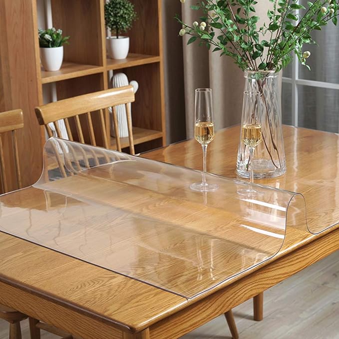 Clear PVC Tablecloth Protector Plastic Wipeable Heat Resistant Vinyl PVC Desk Top Pad Cover for Kitchen Dining Room Furniture End Table Rectangle Oblong Rectangular Tables Mat Good for 48x84 inch