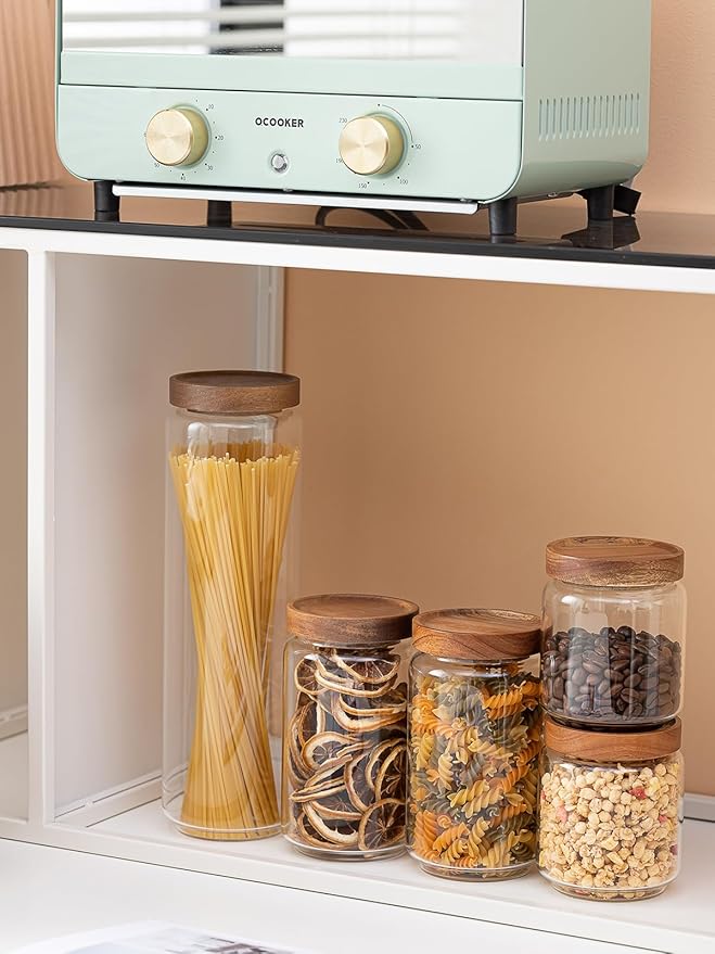 Kanwone Airtight Food Storage Containers with Bamboo lids set of 5, Stackable Food Storage Containers, Glass Canisters for Pantry, kitchen, Flour, Sugar, Tea, Coffee, Pasta, Cookies, Rice and Spice
