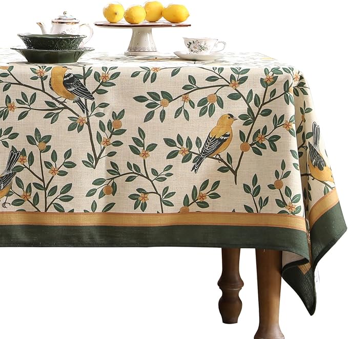 patdrea Designer Green French Linen Long Rectangular Tablecloth,Vintage Durable Floral Table Cloth,Decorative Table Cover for Kitchen Dining,Parties,Party,Christmas,Thanksgiving,63"x94"-Warbler