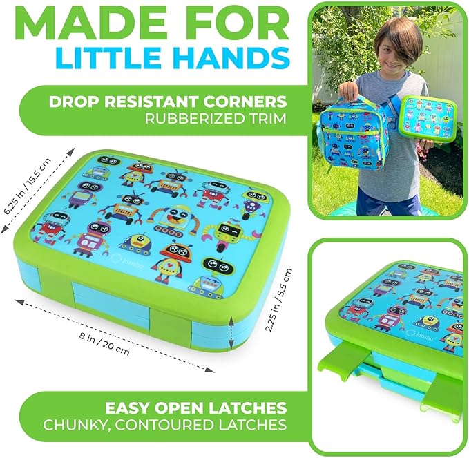 kinsho Bento Lunch Box and Insulated Bag, Water Bottle & Ice Pack Set for Kids Toddlers, 4 Portion Sections, Removable Tray, PreSchool Kid Toddler Daycare Lunches, Snack Container, Robot
