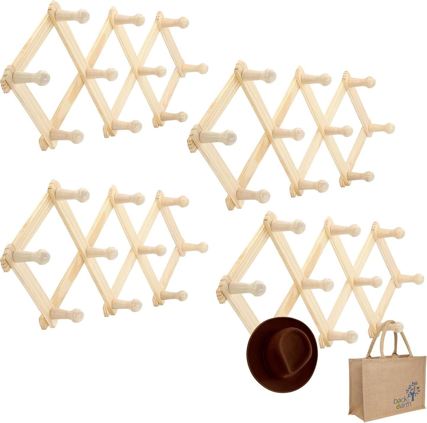 Set of 4 RAM-PRO Accordion Style Wood Expandable Wall Rack for Hat, Cap, Belt, Umbrella Coffee Mug Jewelry Hanging Wooden Pegs