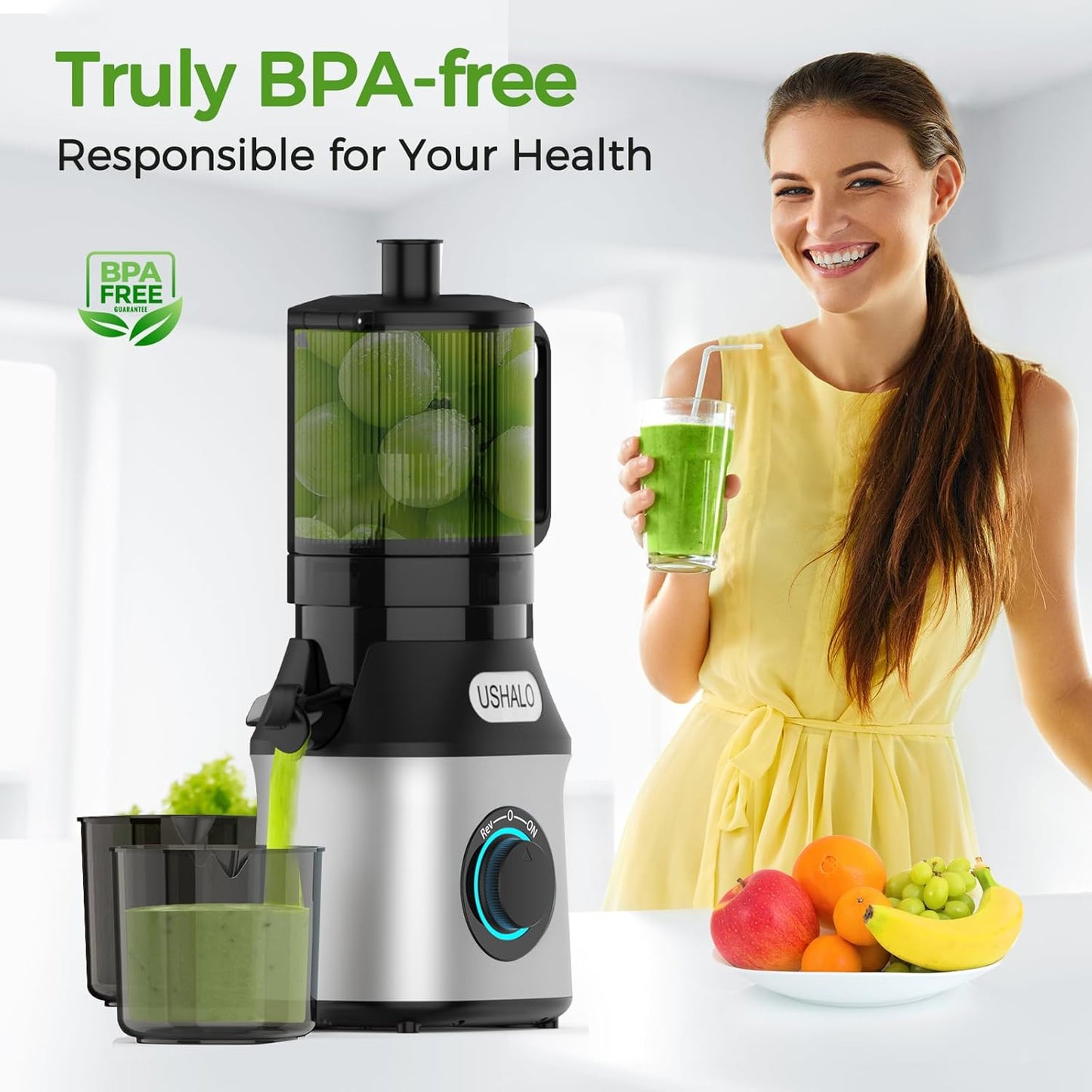 Cold Press Juicer, USHALO Juicer Machines with 5.5" Extra Large Feed Chute, 300W Slow Masticating Juicer for Whole Vegetables and Fruits, 99% High Juice Yield, Easy to Clean