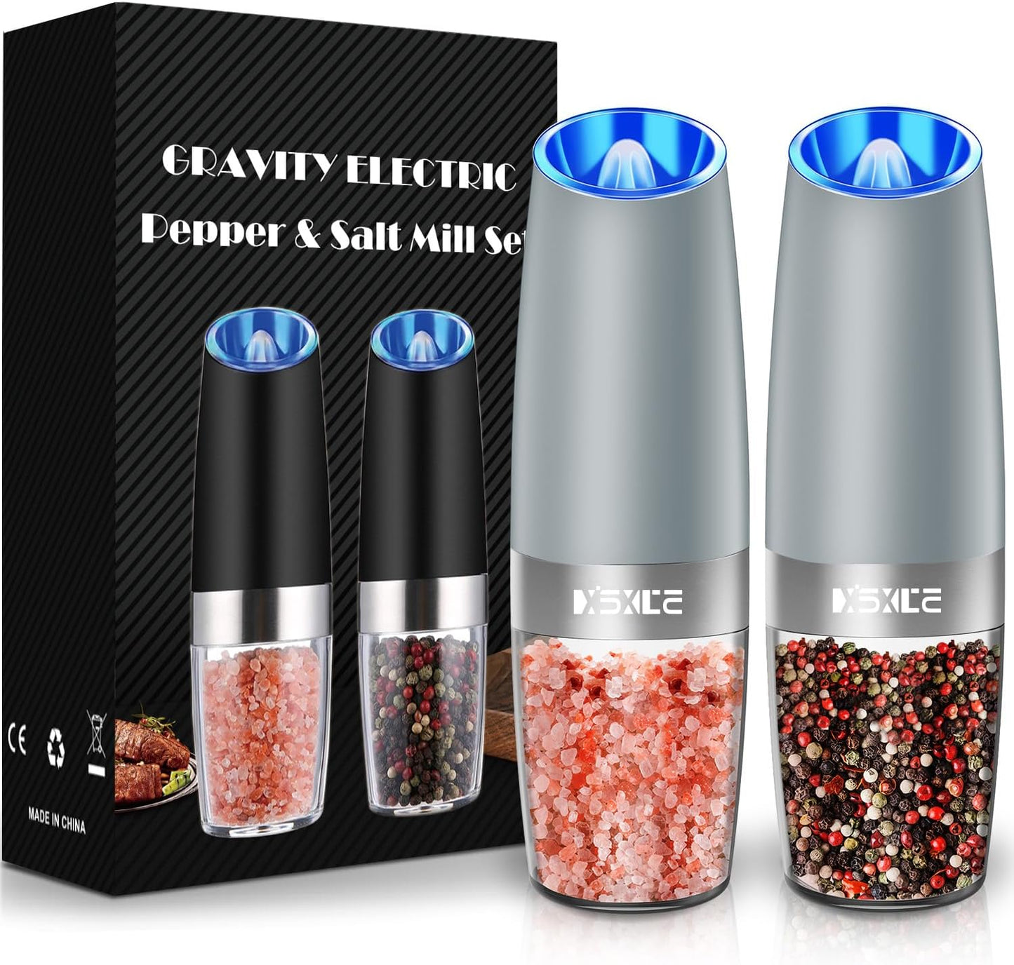 XinXu Gravity Automatic Electric Pepper and Salt Grinder, Auto Salt or Pepper Mill Shaker Stainless Steel,Blue LED Light,One Hand Operated, LightGrey
