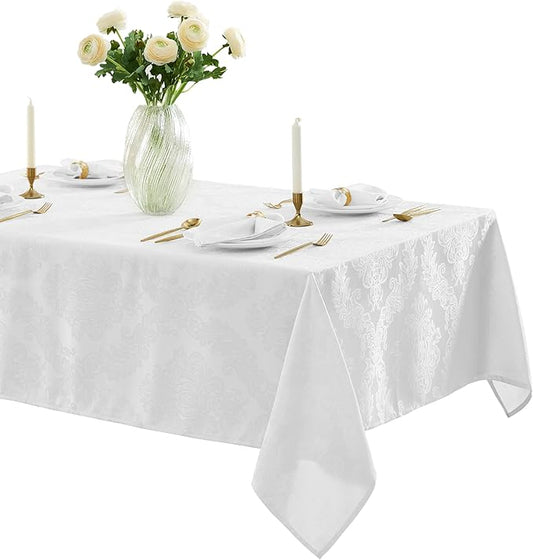 Newbridge Barcelona Luxury Damask Fabric Tablecloth, 70” Extra Wide x 126” Rectangle, White, 100% Polyester, No Iron, Soil Resistant Dining Room, Party and Banquet Table Cover