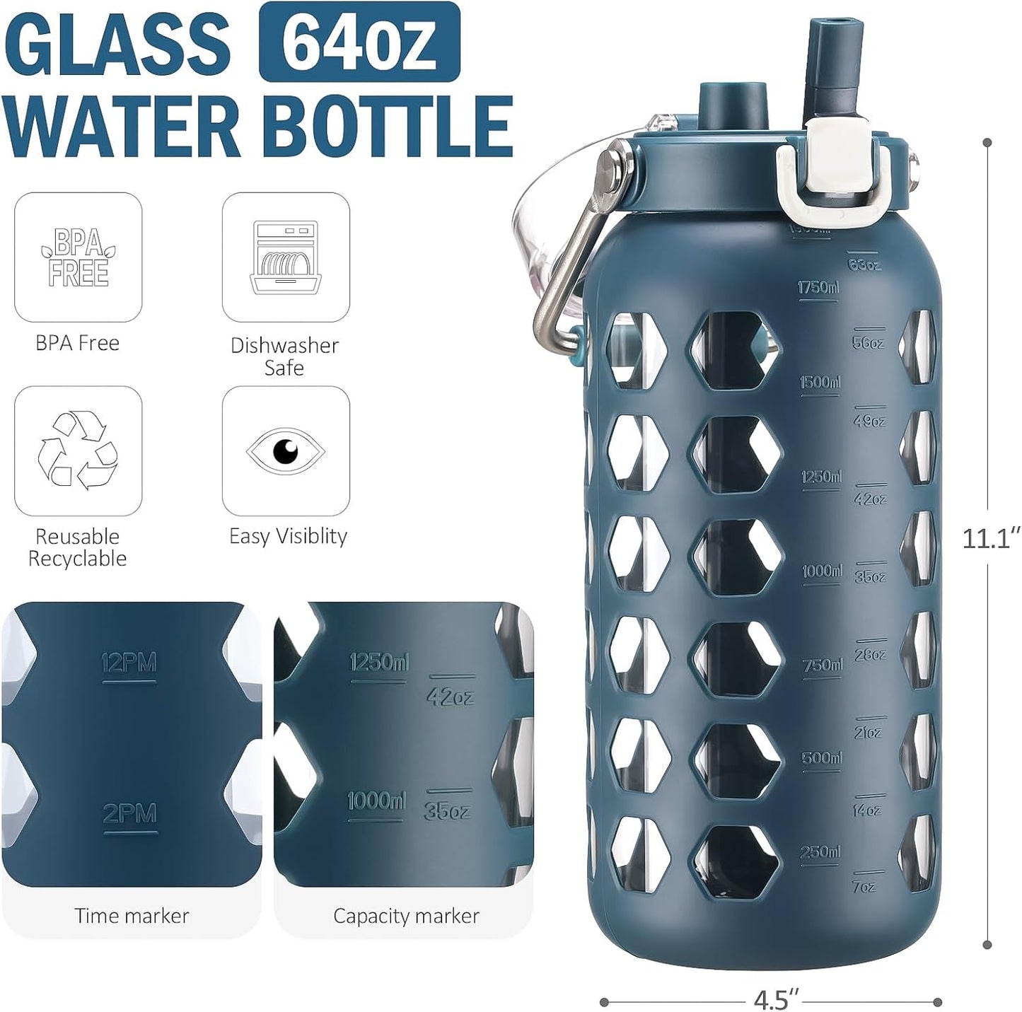 MUKOKO 64oz Glass Water Bottles with Straw and Lid,Half Gallon Water Bottle with Time Marker,Large Glass Water Jug with Silicone Sleeve and Stainless Steel Handle-Blue