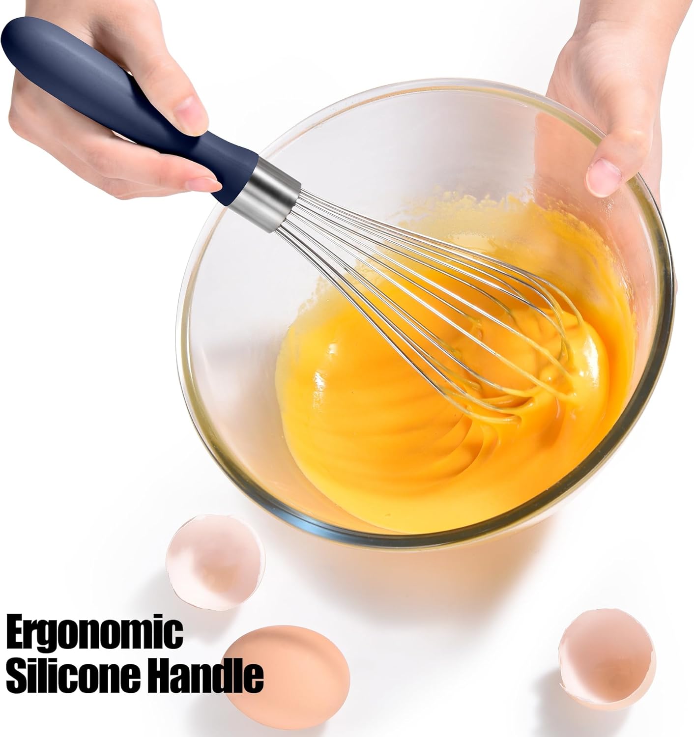 18/8 Stainless Steel Balloon Whisk, Doosu Kitchen Whisk for Cooking Handheld Egg Beater with Rust-Proof Sturdy Wires & Non-Slip Silicone Handle for Beating, Stirring, Blending (8 Wires, Navy Blue)