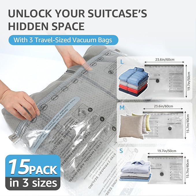 Vacuum Bags for Travel with Rechargeable Pump, 15 Packs of 3 Sizes Vacuum Seal Bags for Clothing, Space-Saving Compression Vacuum Travel Bags for Luggage, Vacuum Packing Bags for Closet Organization