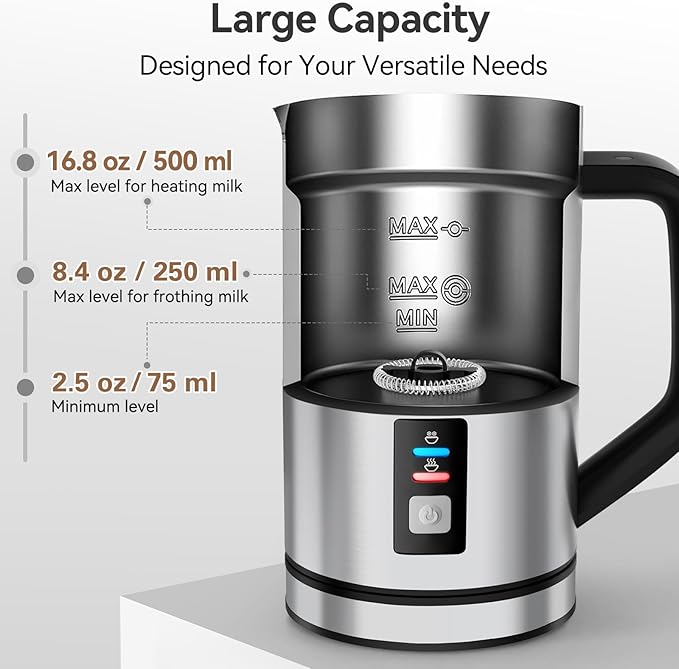Secura Milk Frother, Electric Milk Steamer Stainless Steel, 16.9oz/500ml Automatic Hot and Cold Foam Maker and Milk Warmer for Latte, Cappuccinos, Macchiato, 120V