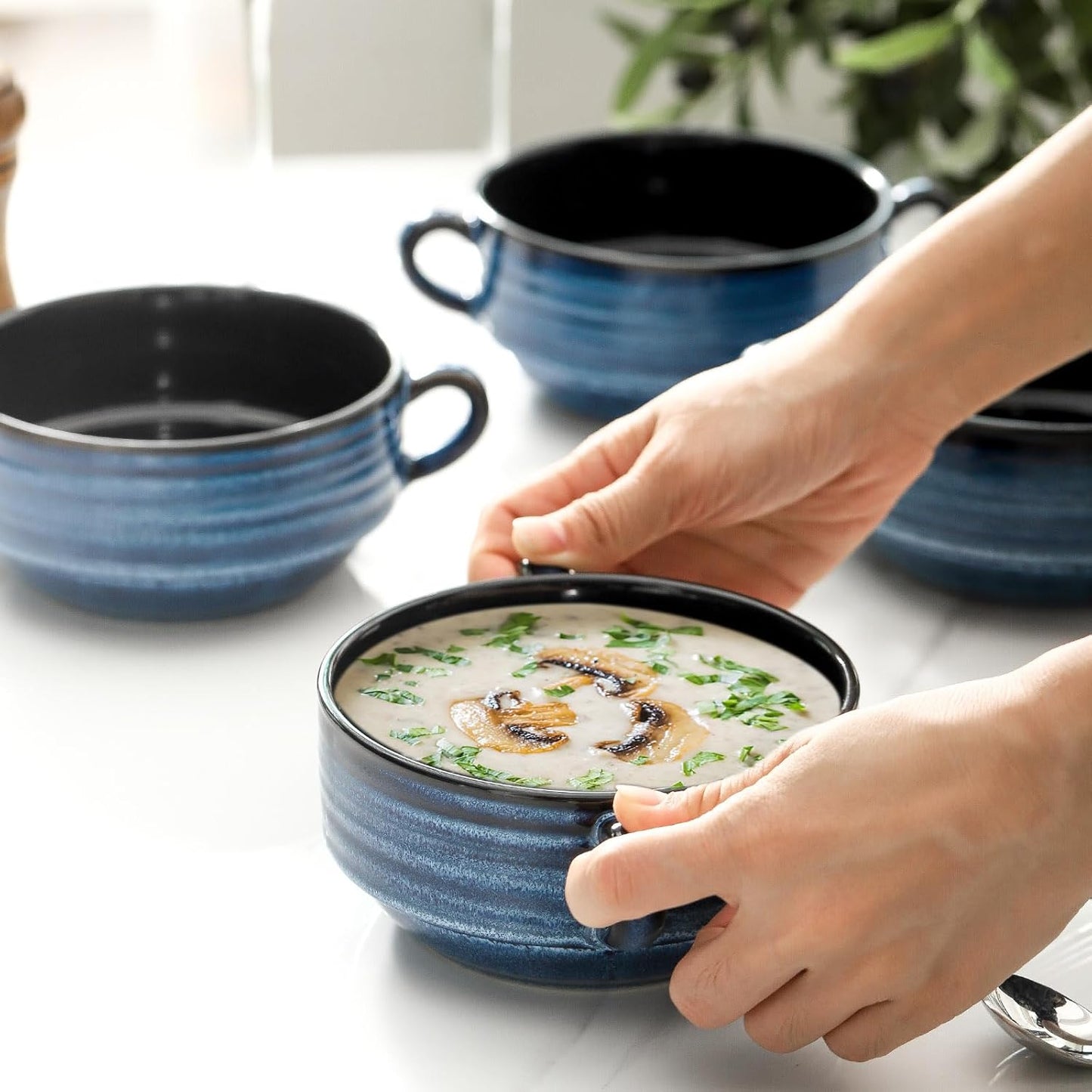 Hasense Soup Bowls with Handles, 20 oz Ceramic French Onion Soup Crocks Set of 4, Stackable Small Serving Bowls for Chili, Stew, Cereal, Microwave Oven and Dishwasher Safe, Blue