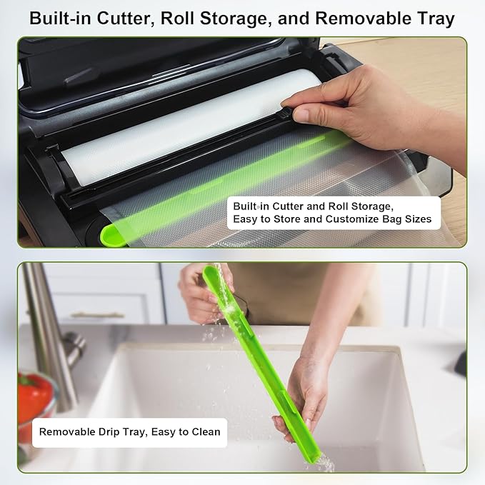Gasbye 95kPa Precision Vacuum Sealer Machine, Double Heat Seal for Dry/Moist Food, Easy-Lock Handle, Built-in Bag Storage & Cutter, Progress Display, Pulse Mode, Removable Drip Tray, Silver